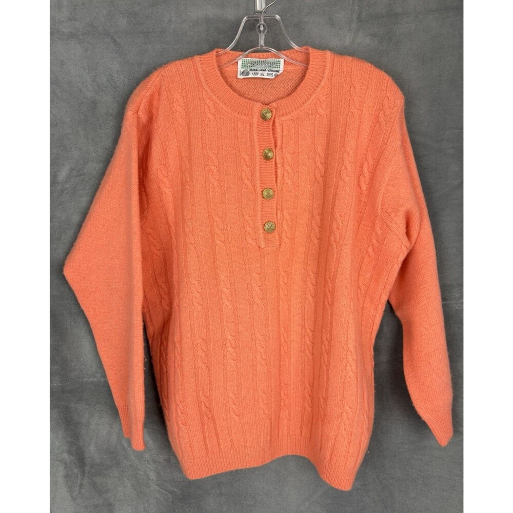 VTG RedKing Pure Virgin Shetland Wool Cable Knit Henley Sweater Womens M Peach